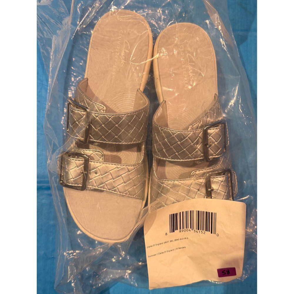 Clarks Cloudsteppers Drift Buckle Silver Metallic Woven Slide Sandals Womens 8
